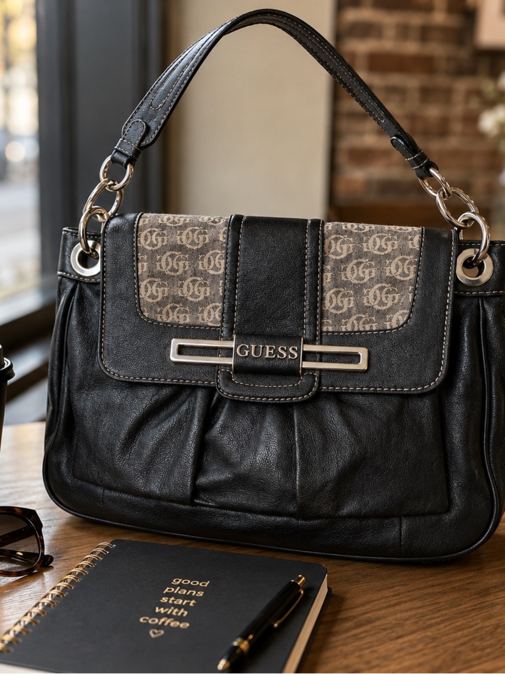 GUESS Black Shoulder Bag Monogram Flap Purse Silver Hardware Y2K